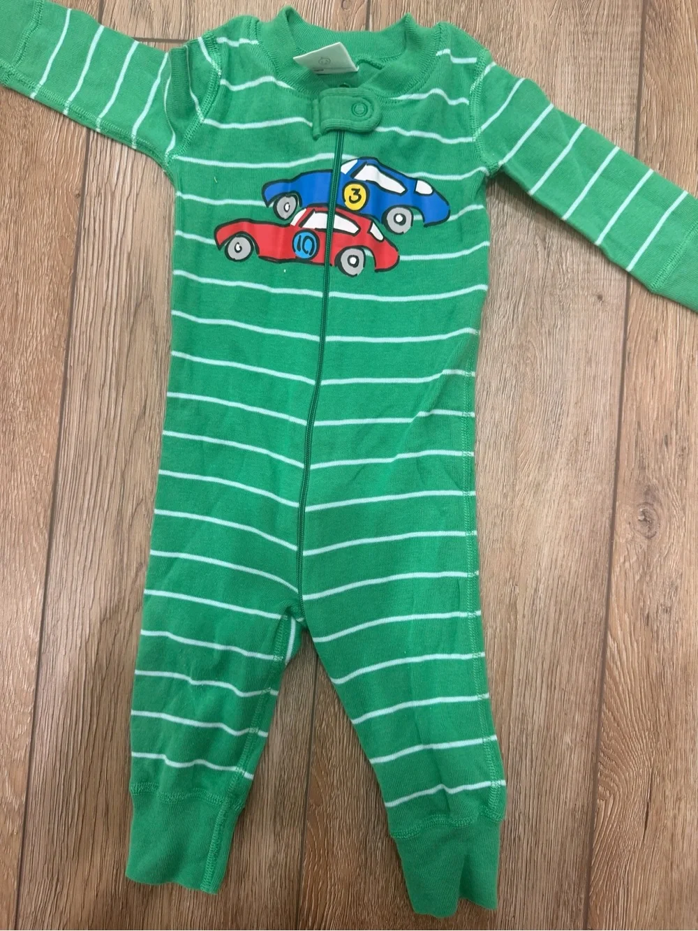 Hanna Andersson Green Striped One-Piece with Race Car Appliqué